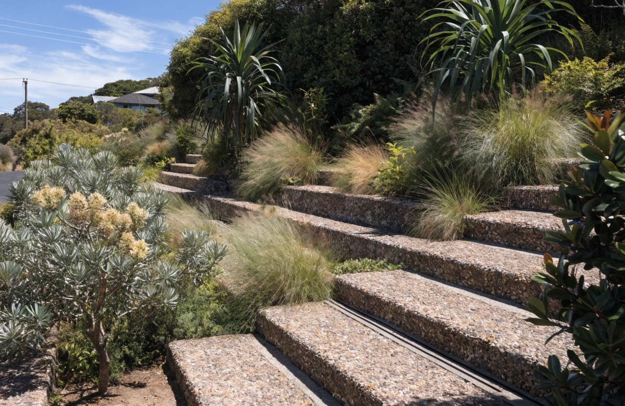 Exposed aggregate concrete pathway and steps on a sloped block in Burleigh Heads