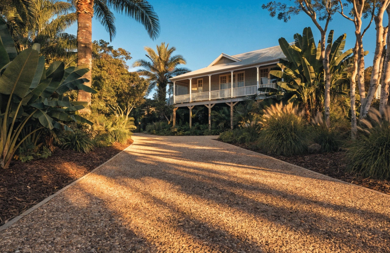 Exposed aggregate concrete driveway at a renovated Queenslander home in Burleigh Heads