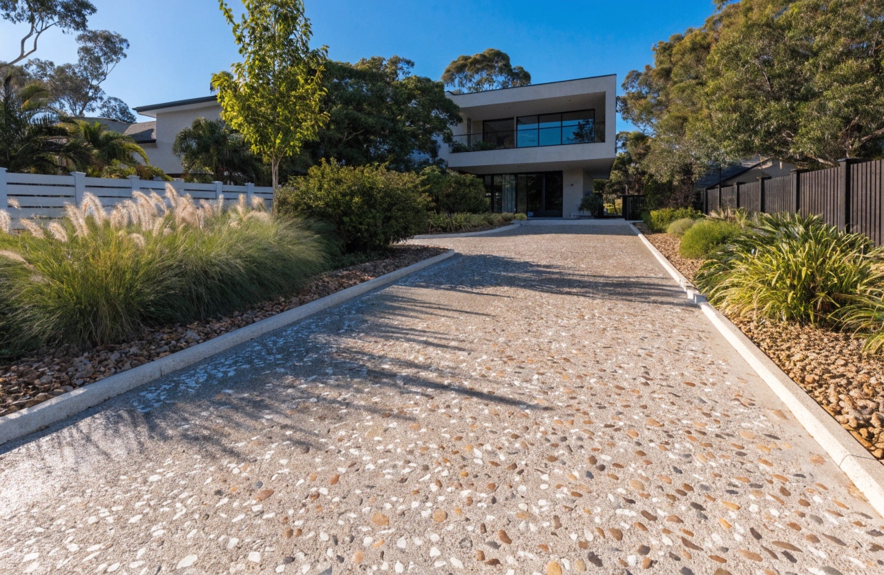 Exposed aggregate concrete driveway at a Varsity Lakes home